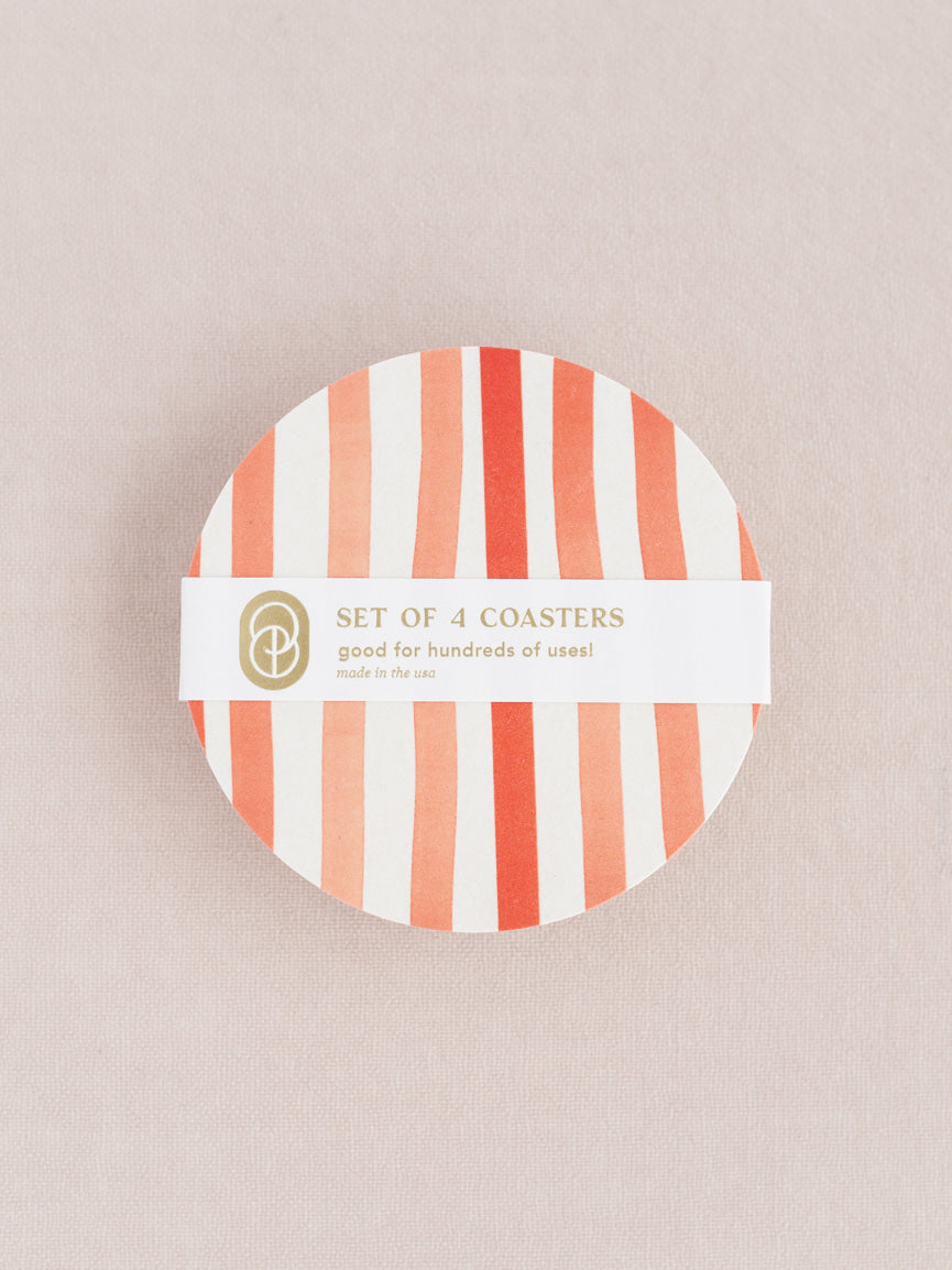 Red Striped Watercolor Illustrated Coaster - Set of Four