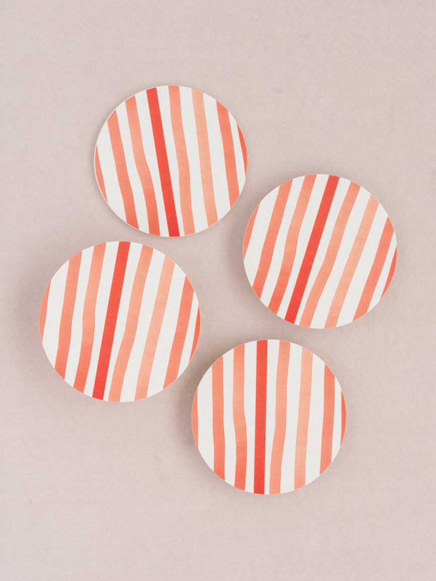 Red Striped Watercolor Illustrated Coaster - Set of Four