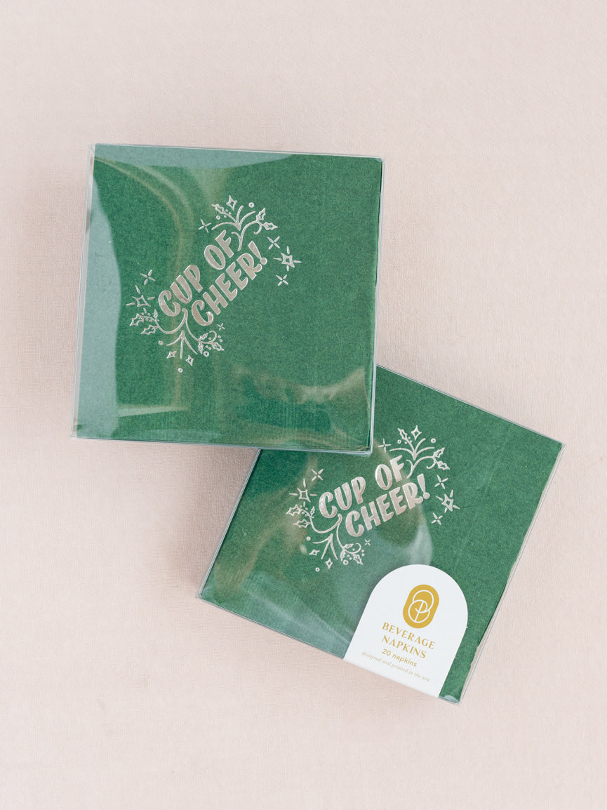 Cup of Cheer Green and Silver Cocktail Paper Beverage Napkins - Set of 20