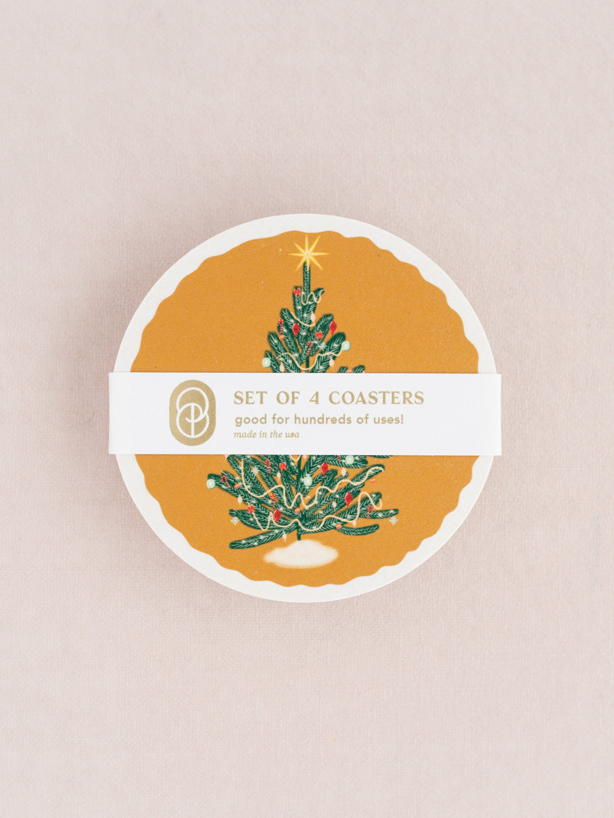 Golden Christmas Tree Illustrated Coasters - Set of Four