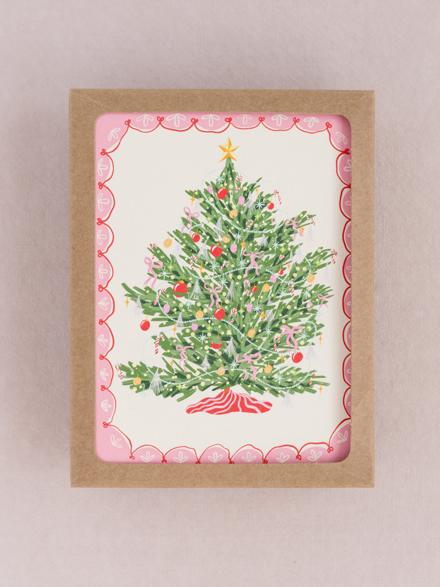 Classic Pink Christmas Tree A2 Folded Greeting Card - Set of 8
