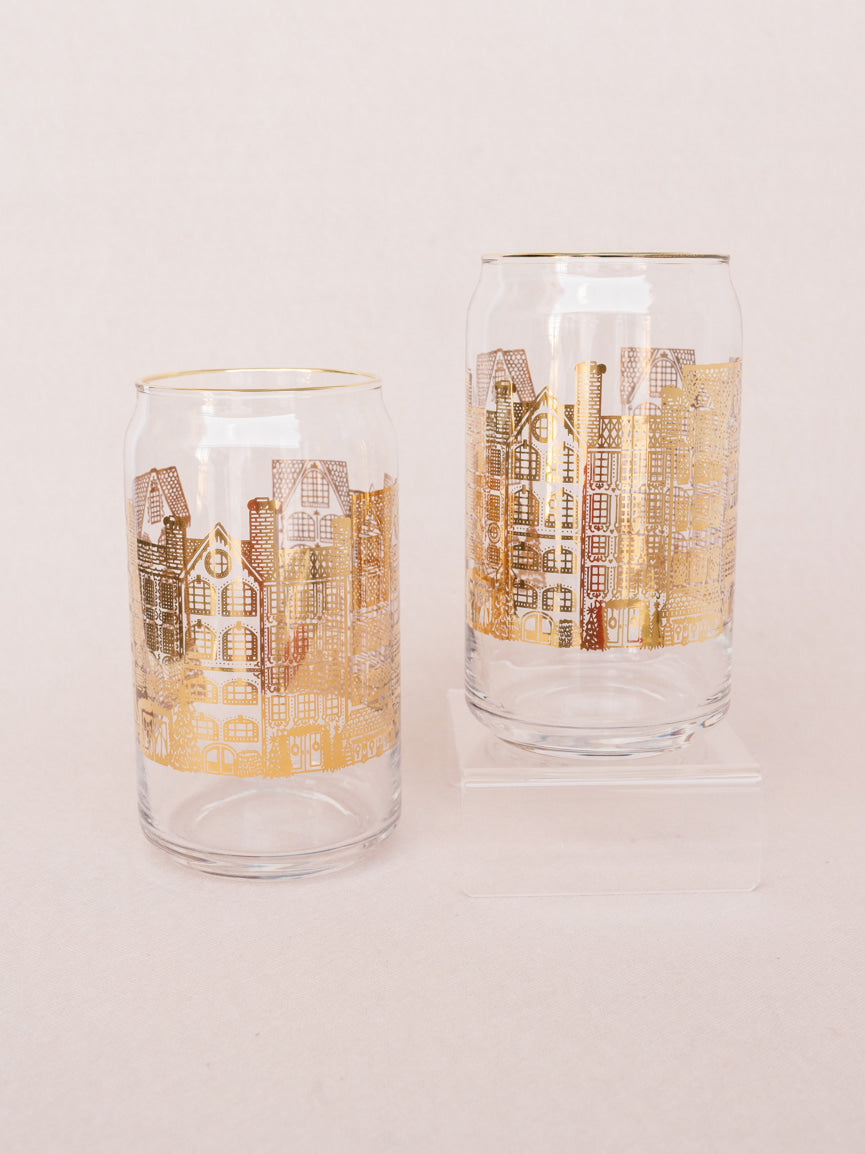 Golden Winter Village 16 Oz Soda Can Glass