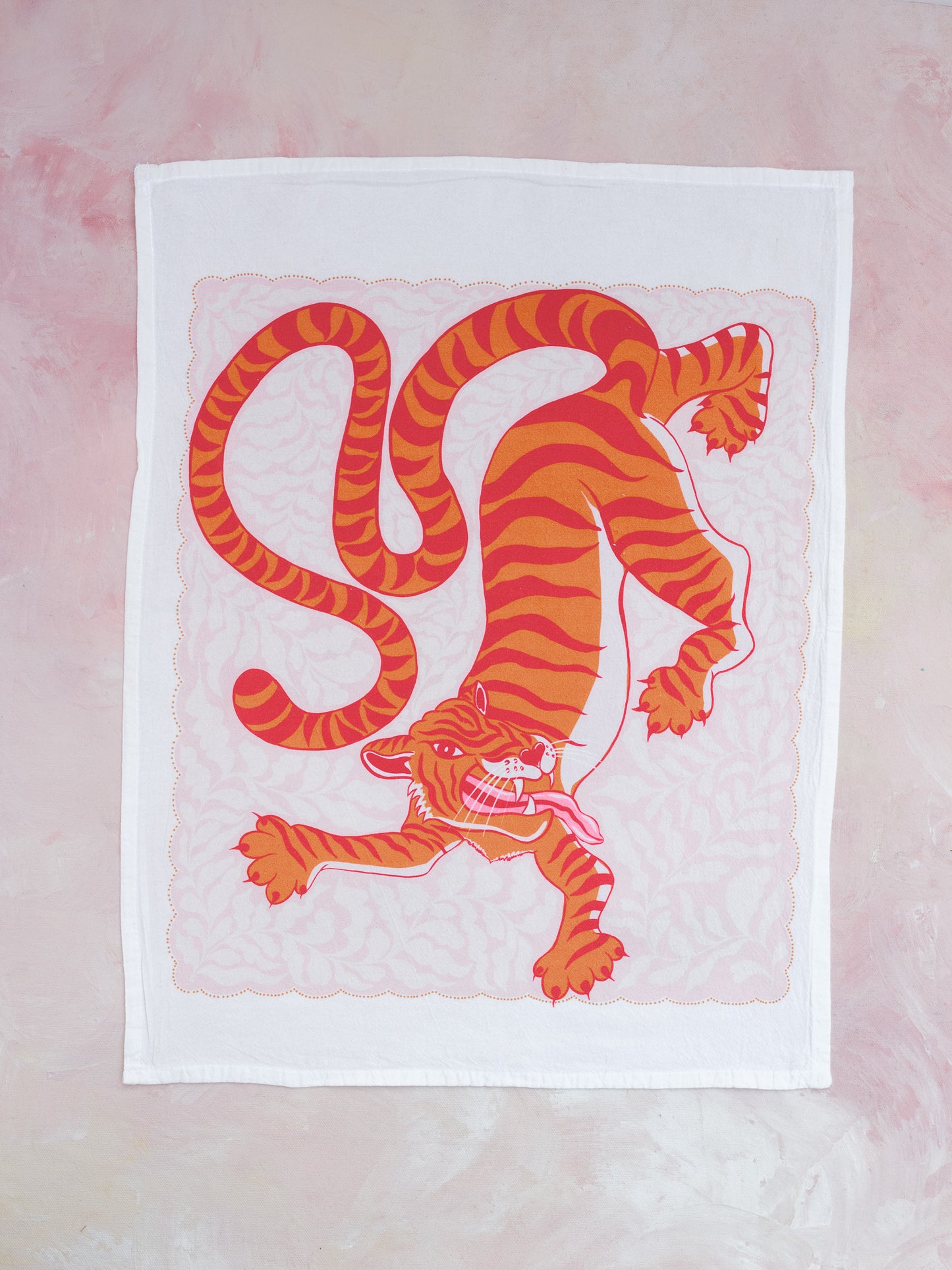 Vibrant Tiger Pink Illustrated Flour Sack Tea Towel