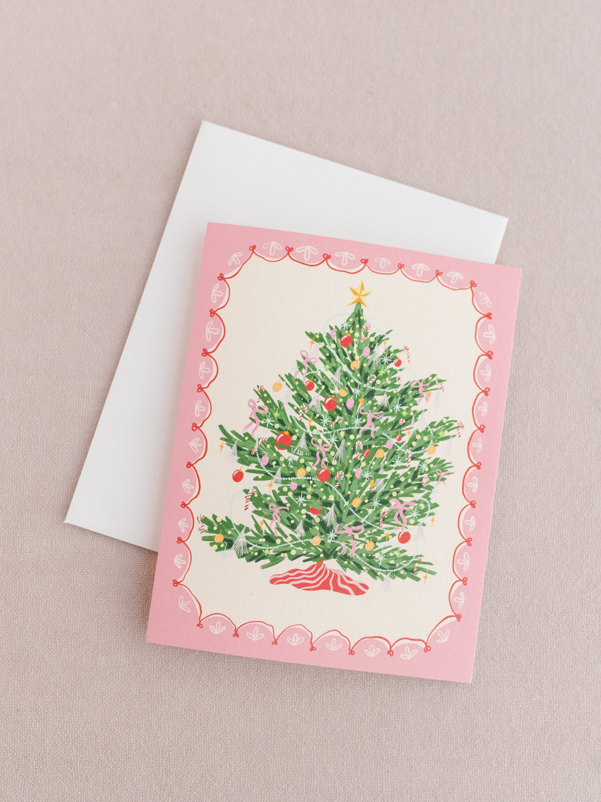 Classic Pink Christmas Tree A2 Folded Greeting Card - Set of 8