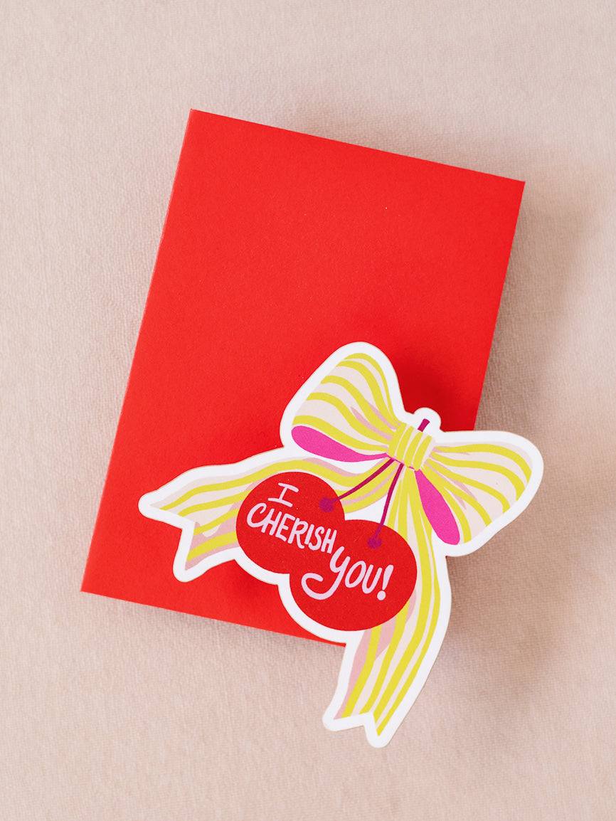 Cherish You Bow Cherry Mini Flat Die Cut Greeting Card - Single