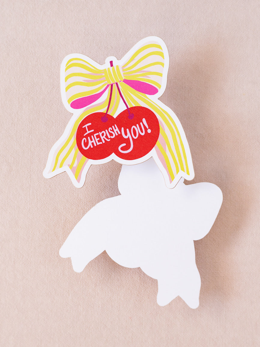 Cherish You Bow Cherry Mini Flat Die Cut Greeting Card - Single