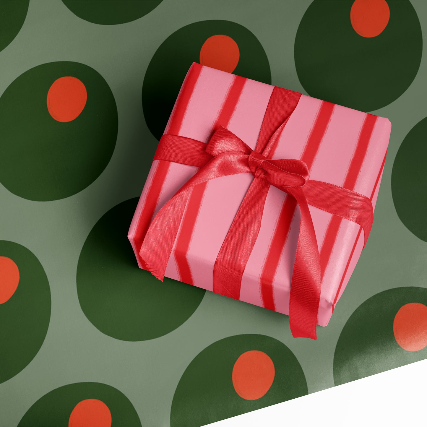 Olive Pattern and Red and Pink Striped Double Sided Gift Wrap | Set of Three Sheets