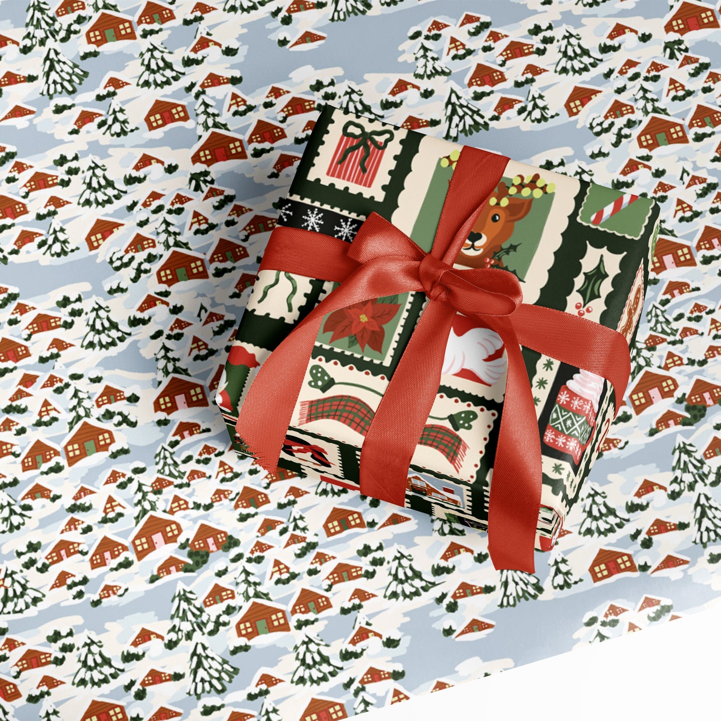 North Pole Post and Cozy Alpine Village Double Sided Gift Wrap | Flat Sheet