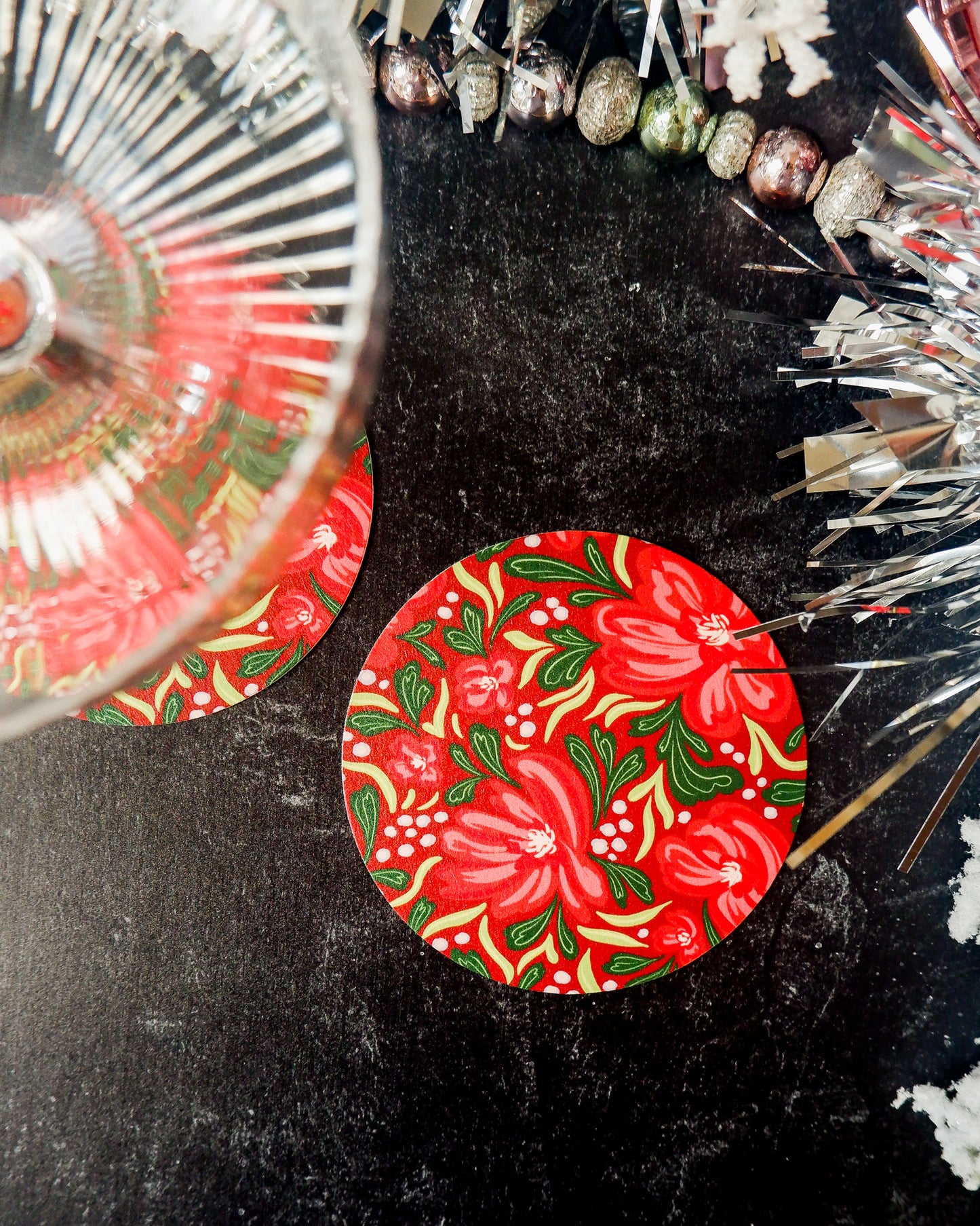 Red Floral Illustrated Coaster - Set of Four