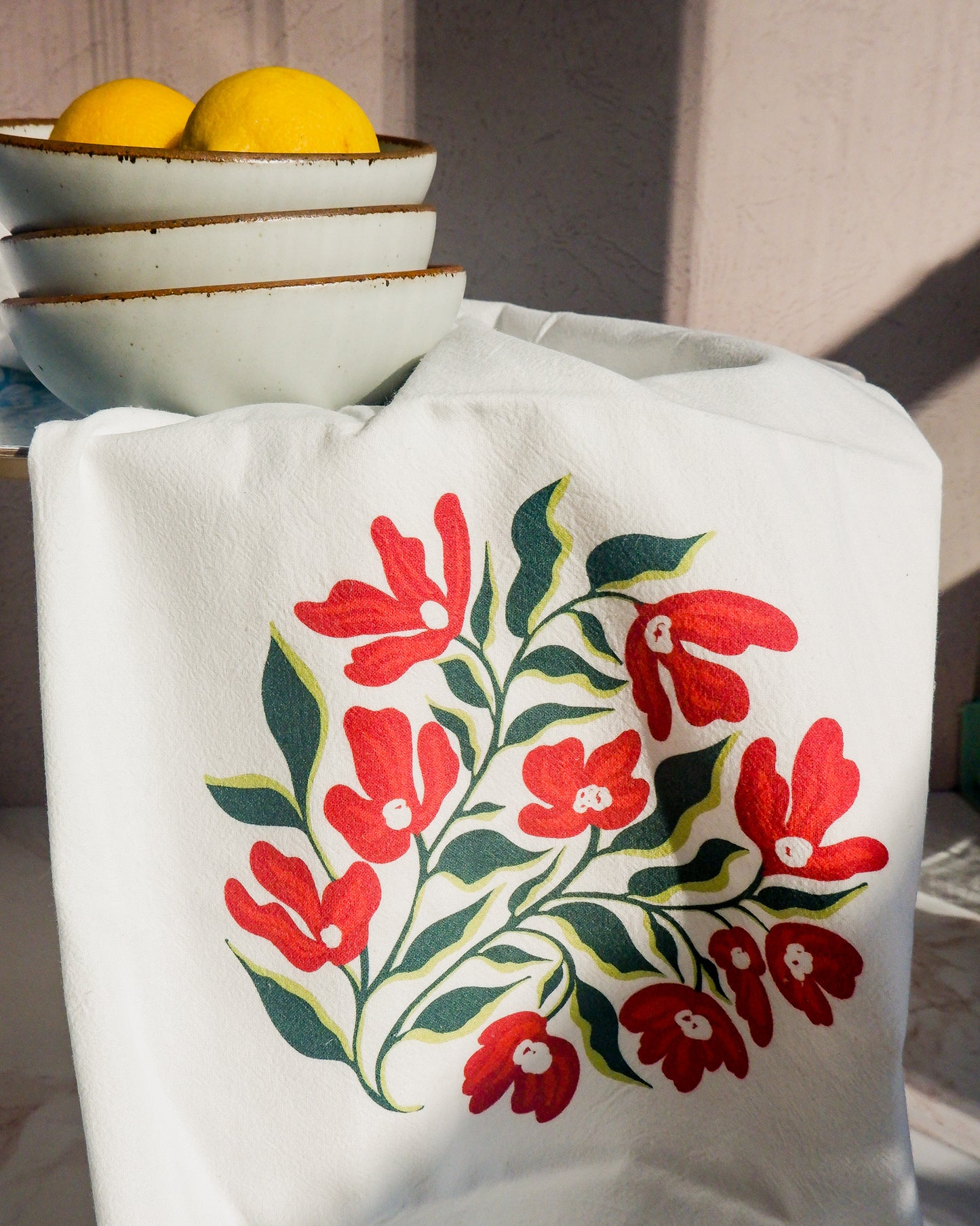 Red Floral Tea Towel