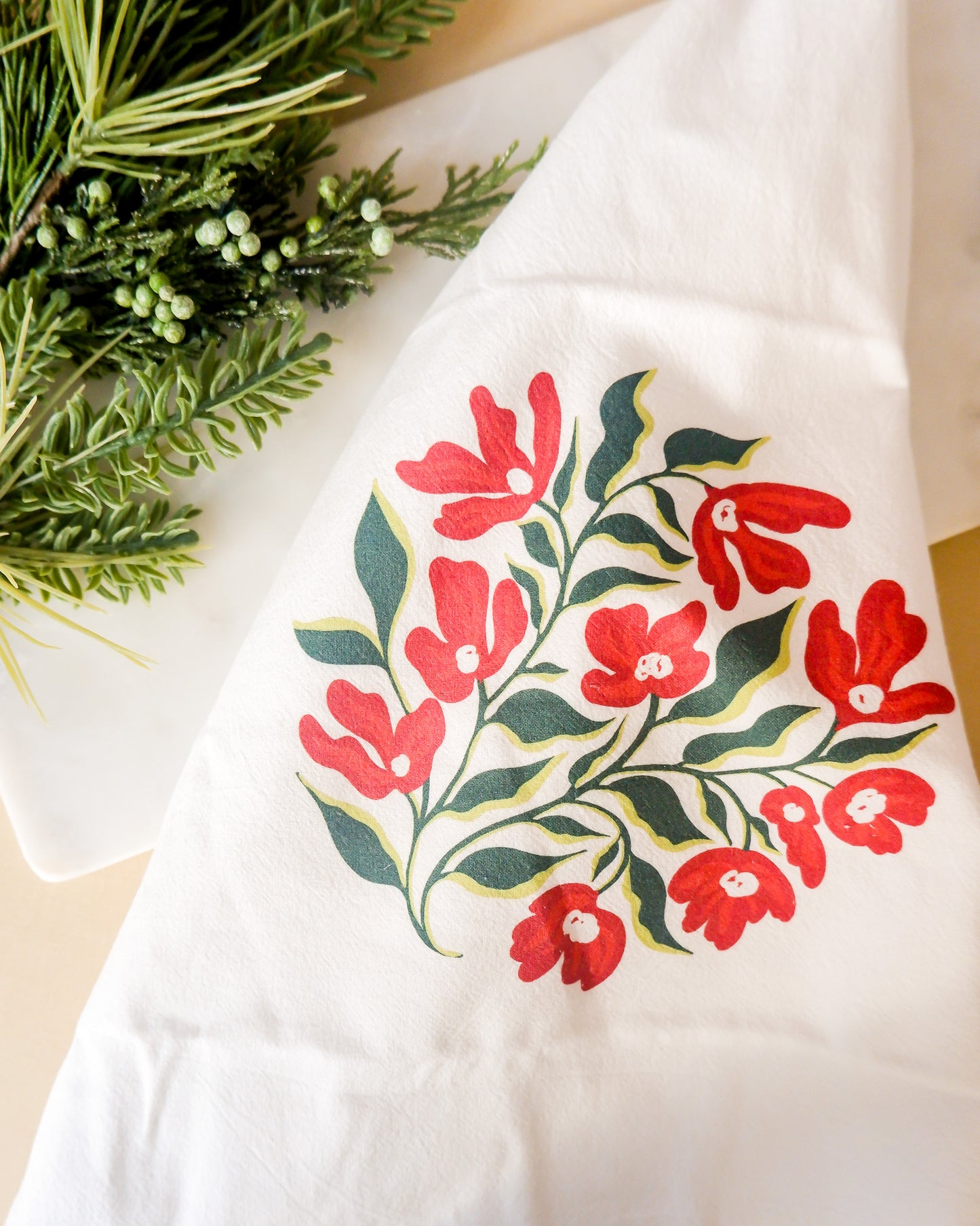 Red Floral Tea Towel