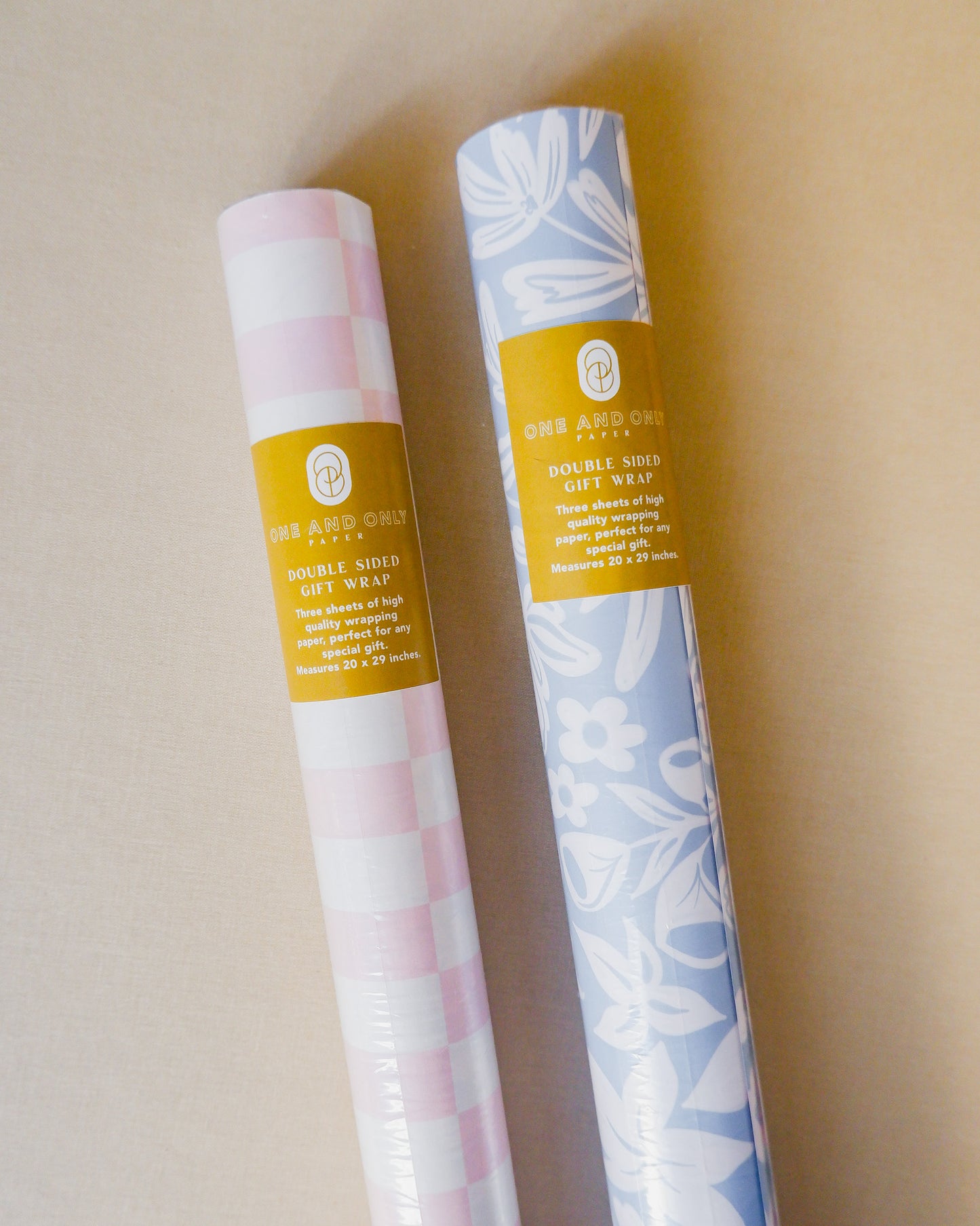 Blue Floral and Peach Checkered Double Sided Gift Wrap | Set of Three Sheets