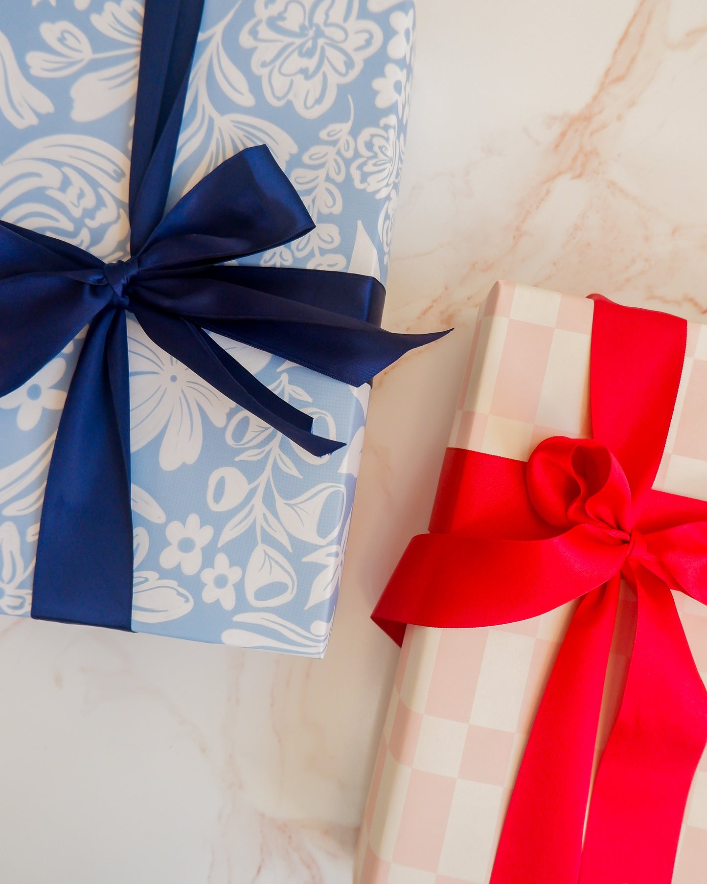 Blue Floral and Peach Checkered Double Sided Gift Wrap | Set of Three Sheets