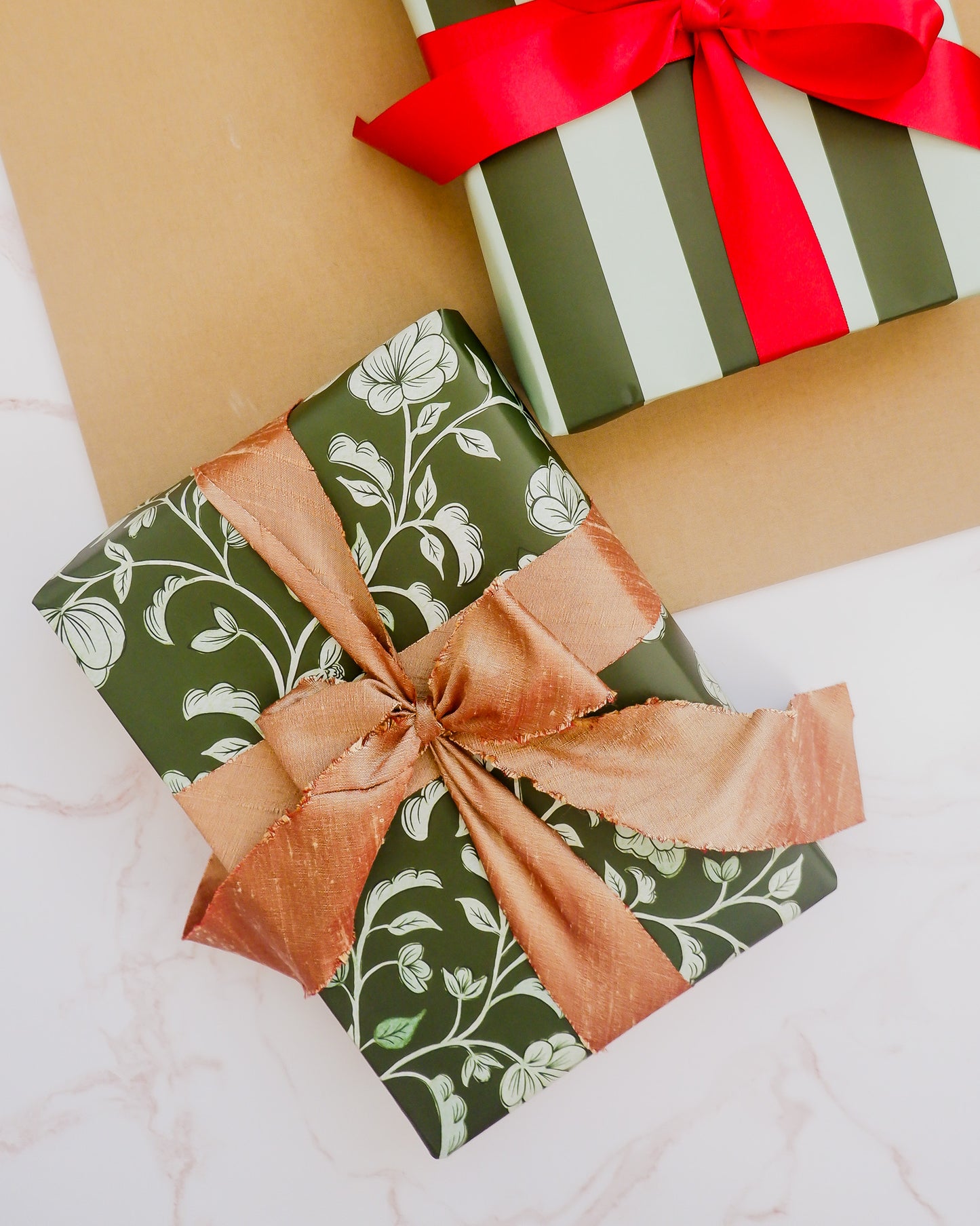 Green Floral and Mint Striped Double Sided Gift Wrap | Set of Three Sheets