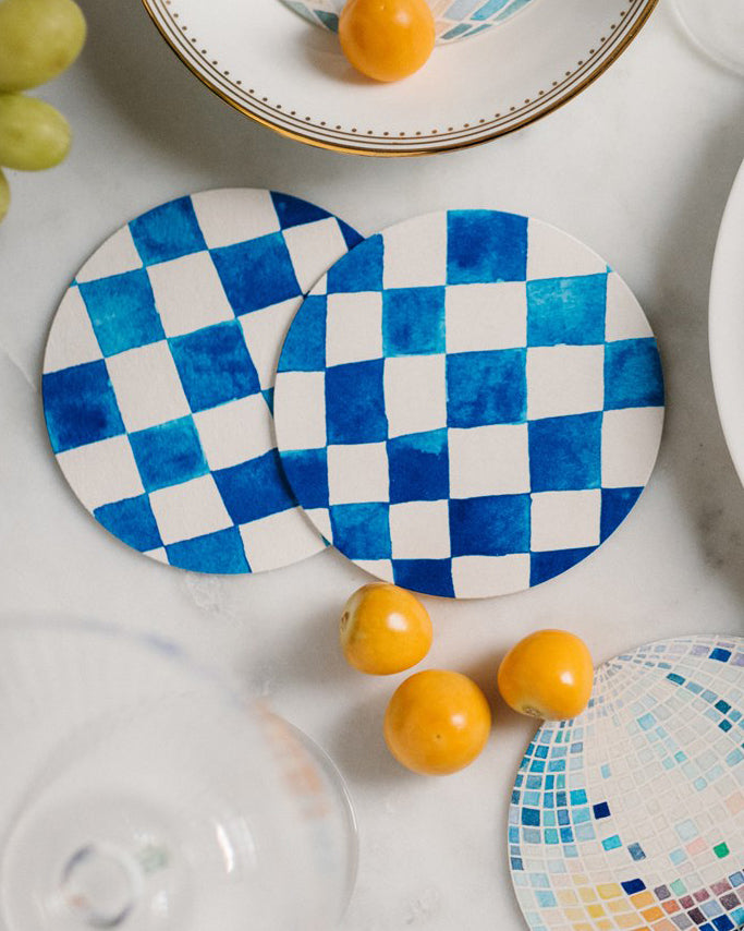 Blue Checkered Reusable Chipboard Coasters - Set of Four