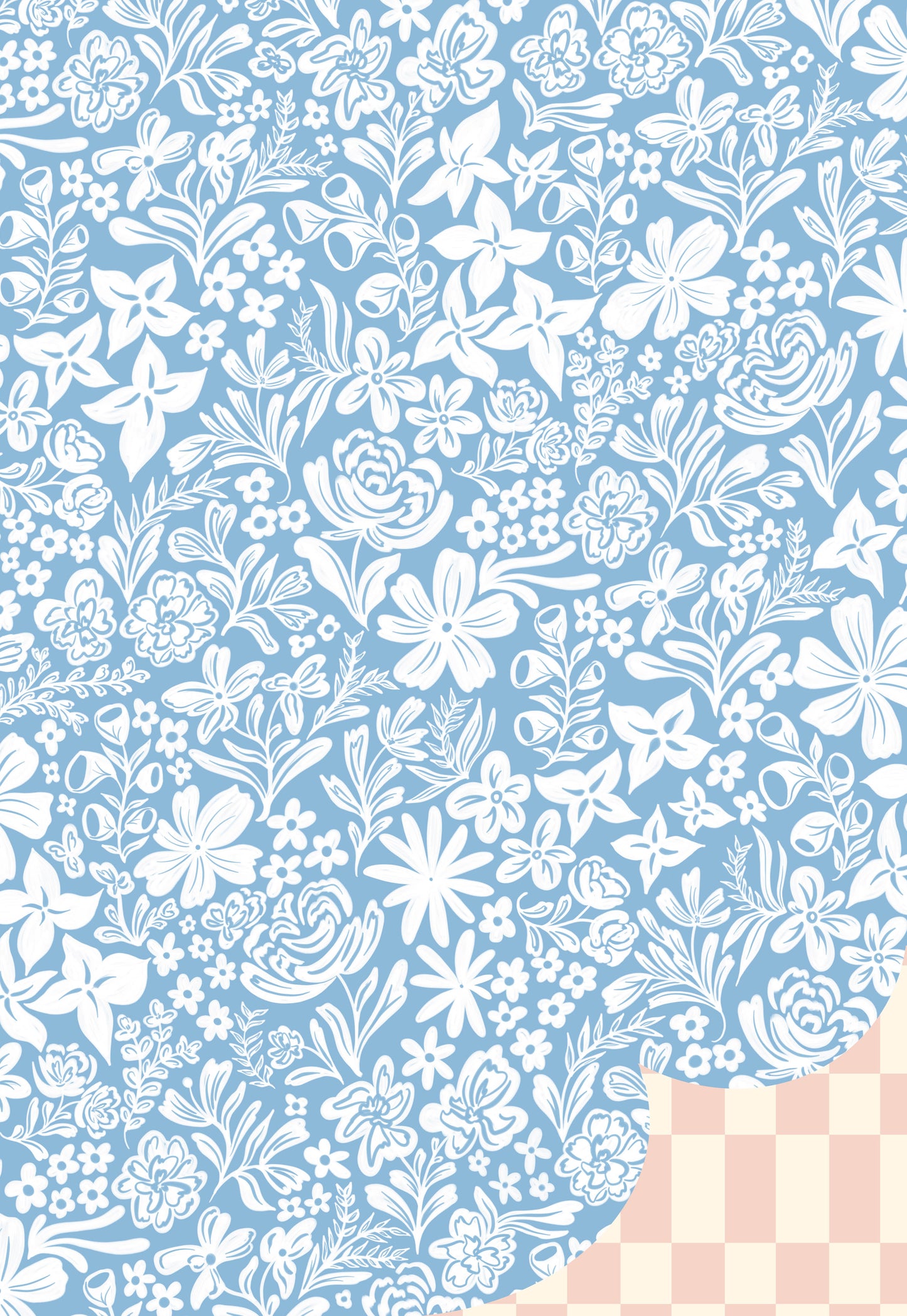 Blue Floral and Peach Checkered Double Sided Gift Wrap | Set of Three Sheets