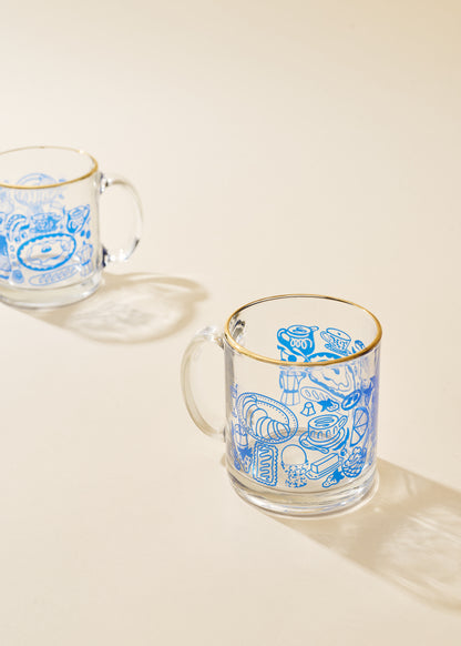 Breakfast Table Blue and Gold Clear Glass Mug