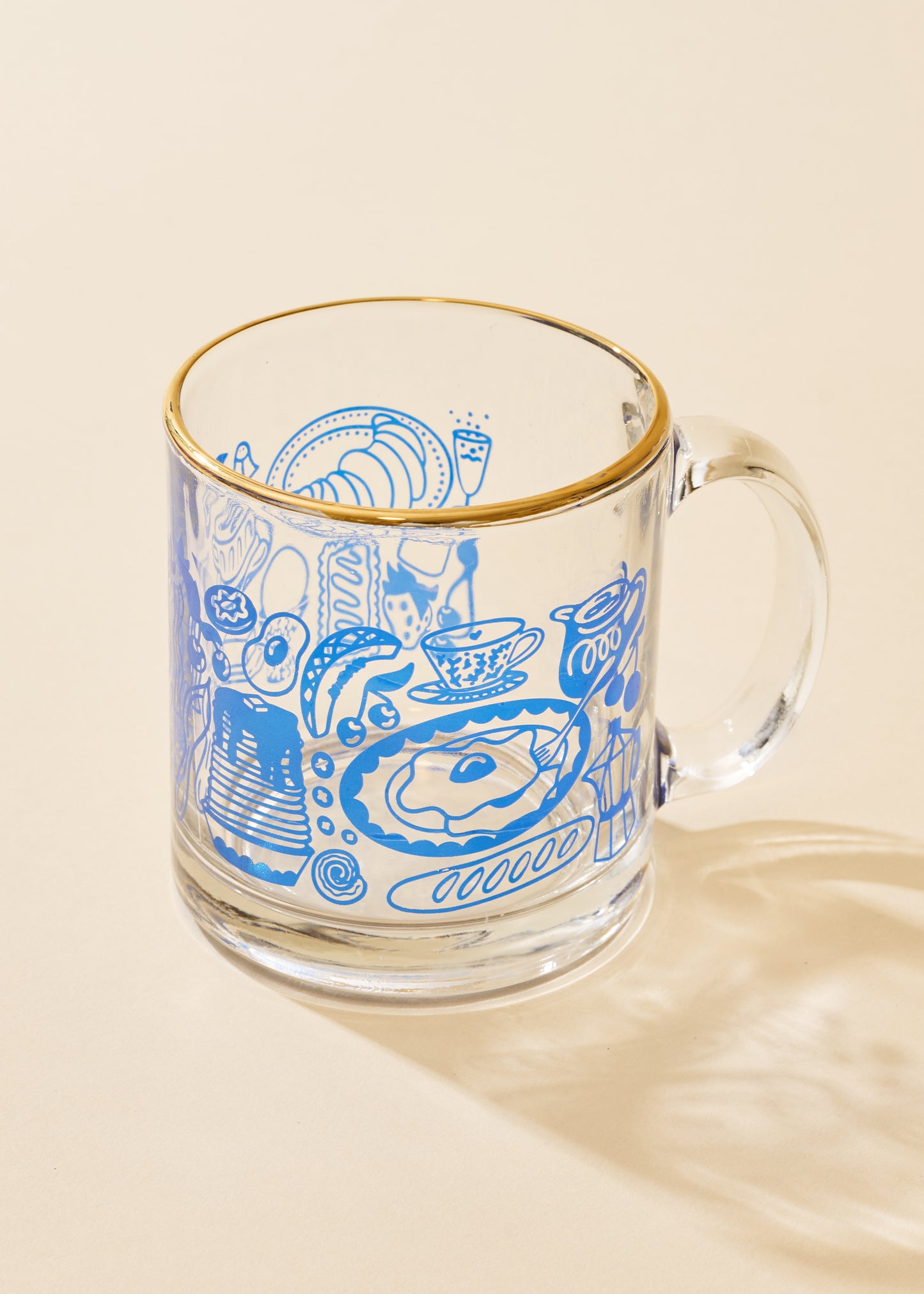 Breakfast Table Blue and Gold Clear Glass Mug