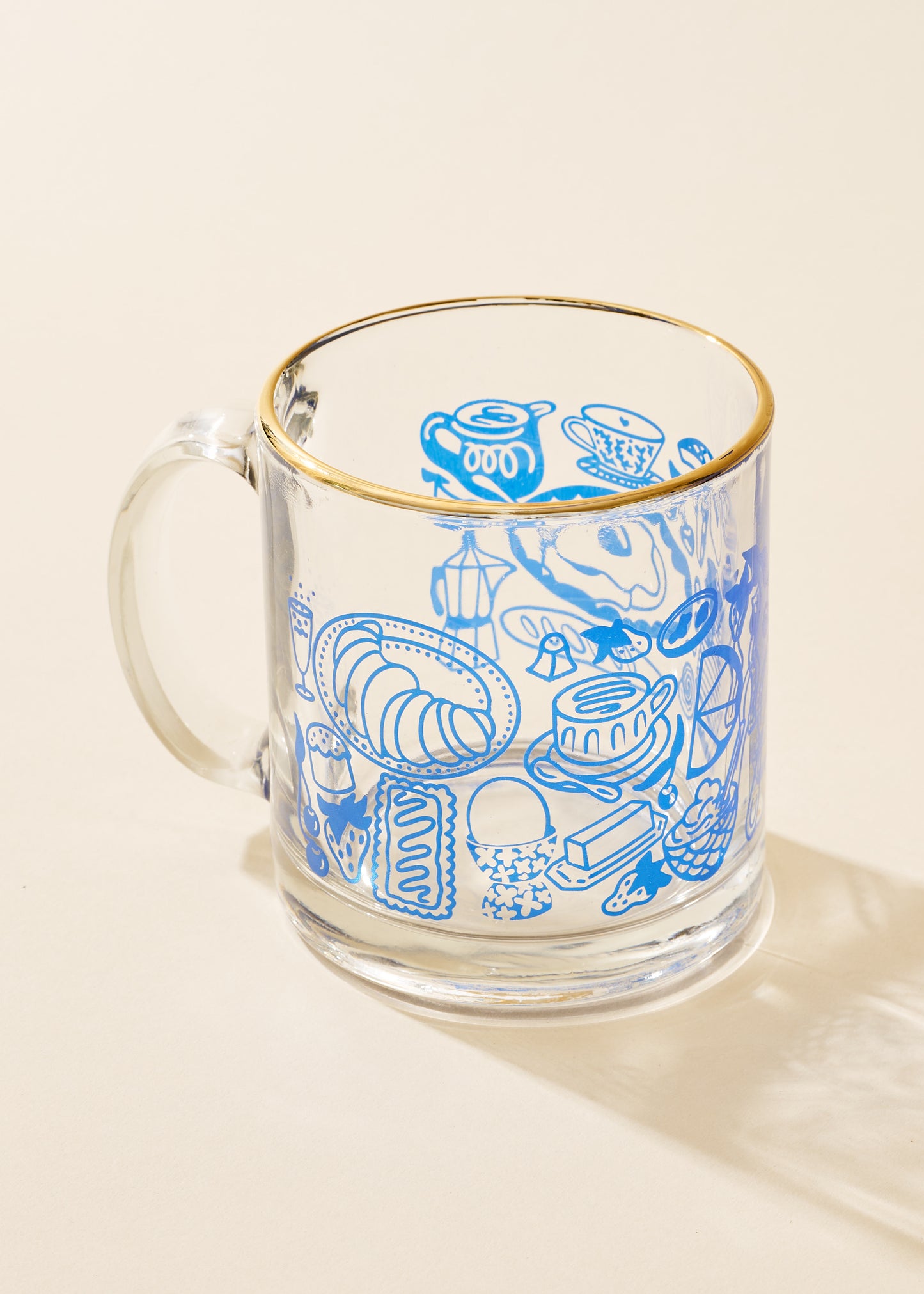 Breakfast Table Blue and Gold Clear Glass Mug