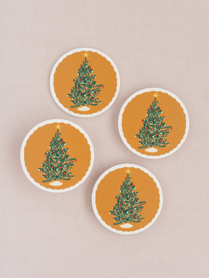Golden Christmas Tree Illustrated Coasters - Set of Four