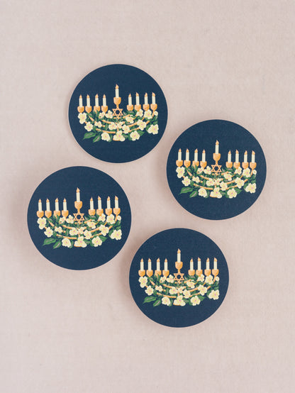 Hanukkah Floral Menorah Coasters | Set of 4