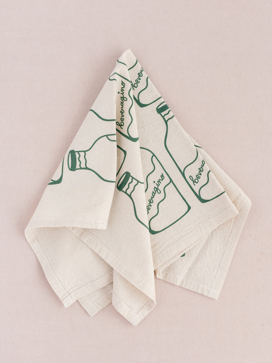 Green Beveragino Tea Towel Natural Unbleached Fabric