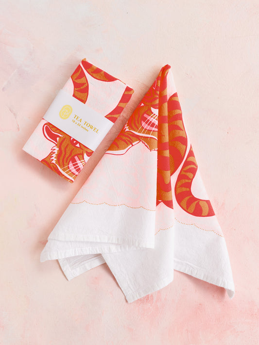Vibrant Tiger Pink Illustrated Flour Sack Tea Towel