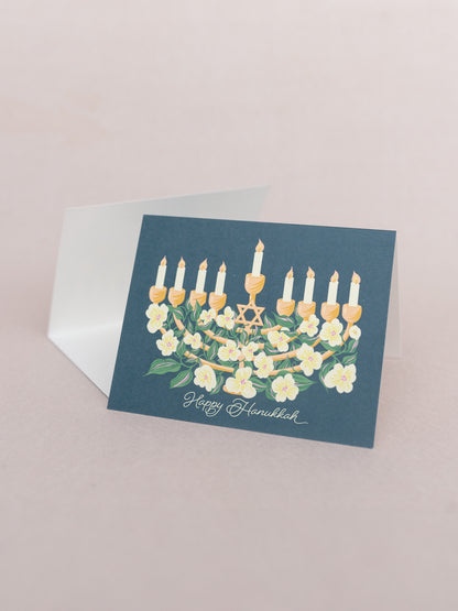 Happy Hanukkah Floral Menorah A2 Folded  Greeting Card - Single Card