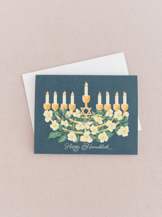 Happy Hanukkah Floral Menorah A2 Folded  Greeting Card - Set of 8