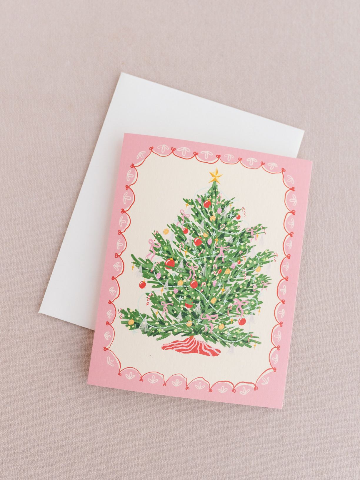Classic Pink Christmas Tree A2 Folded  Greeting Card - Set of 8