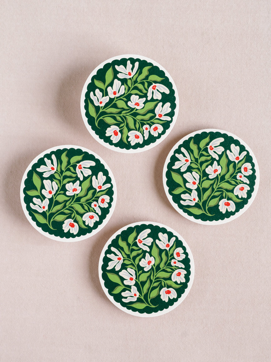 Green and Lavender Floral Scalloped Coasters - Set of Four