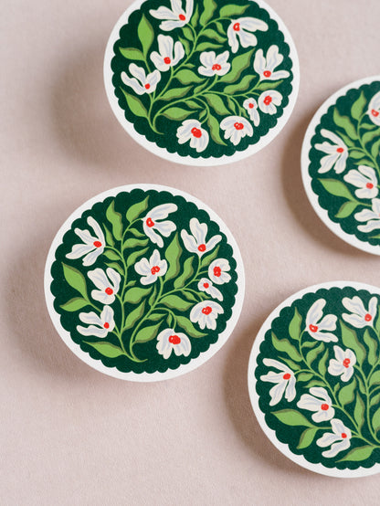 Green and Lavender Floral Scalloped Coasters - Set of Four