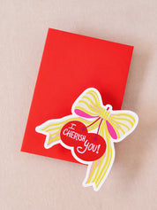 Cherish You Bow Cherry Mini Flat Die Cut Greeting Card - Single
