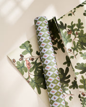 Oak leaf and woodland check illustrated double-sided gift wrap with cardinals, squirrels and bluebirds, set of 3 sheets