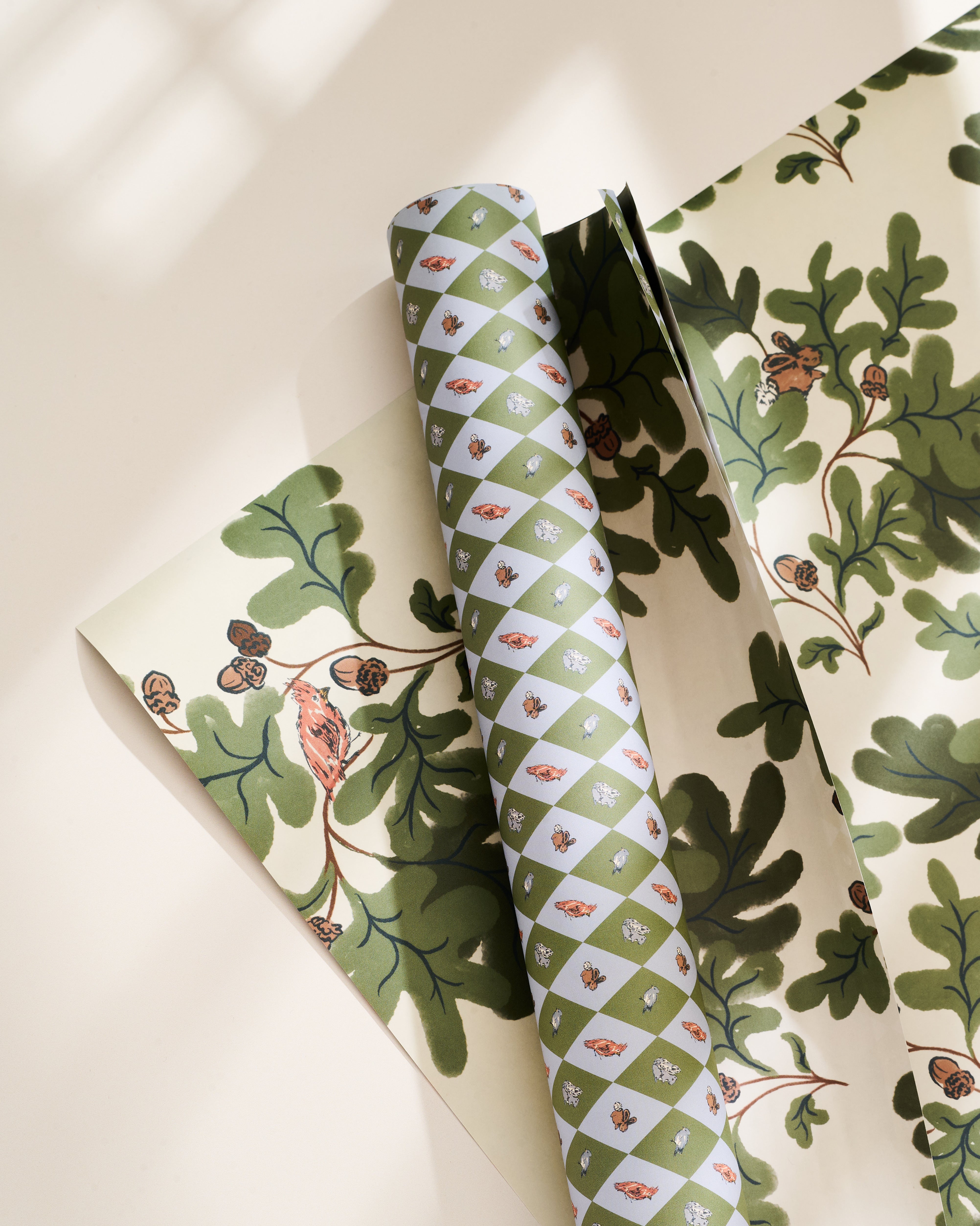Oak leaf and woodland check illustrated double-sided gift wrap with cardinals, squirrels and bluebirds, set of 3 sheets
