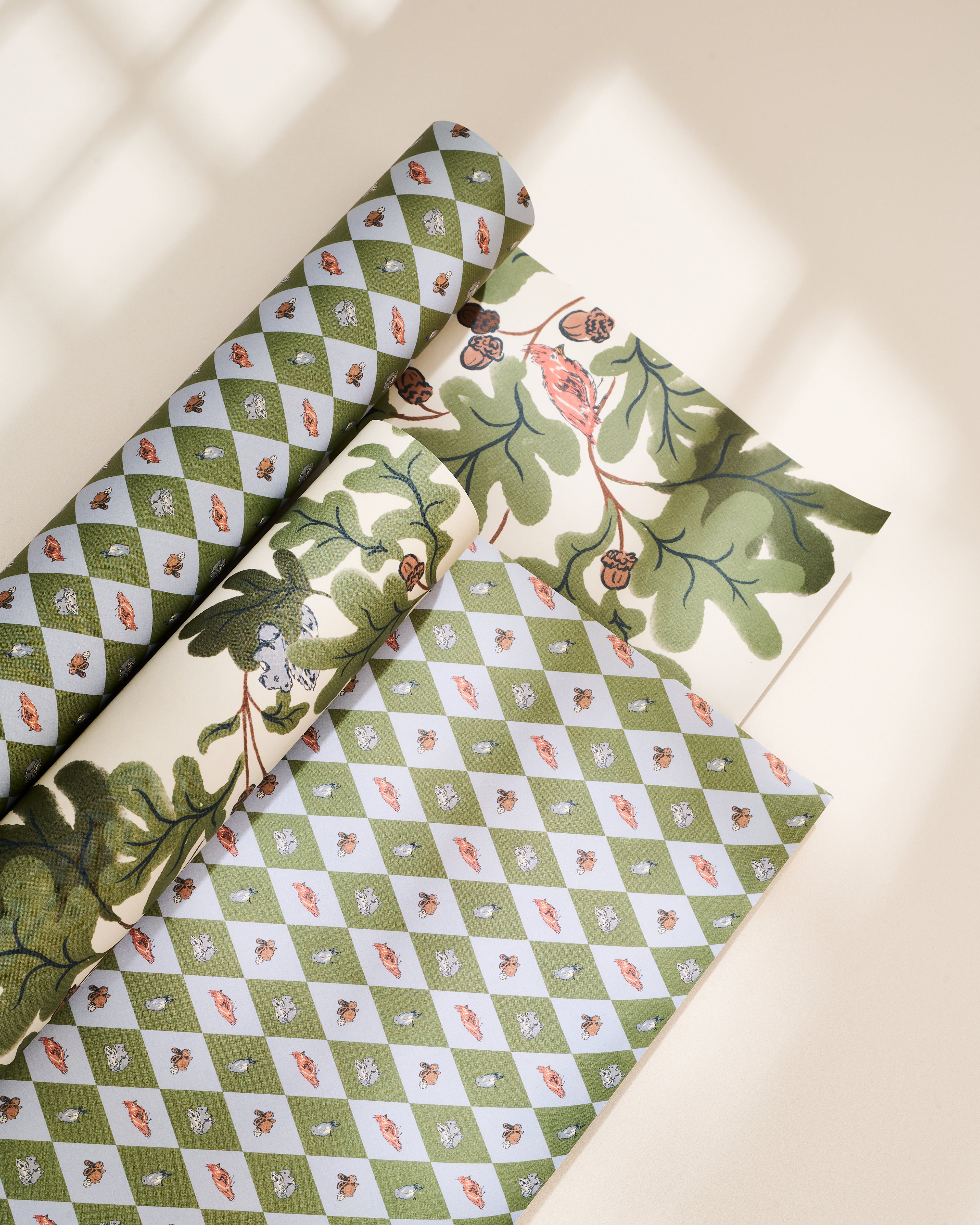 Oak leaf and woodland check illustrated double-sided gift wrap with cardinals, squirrels and bluebirds, set of 3 sheets
