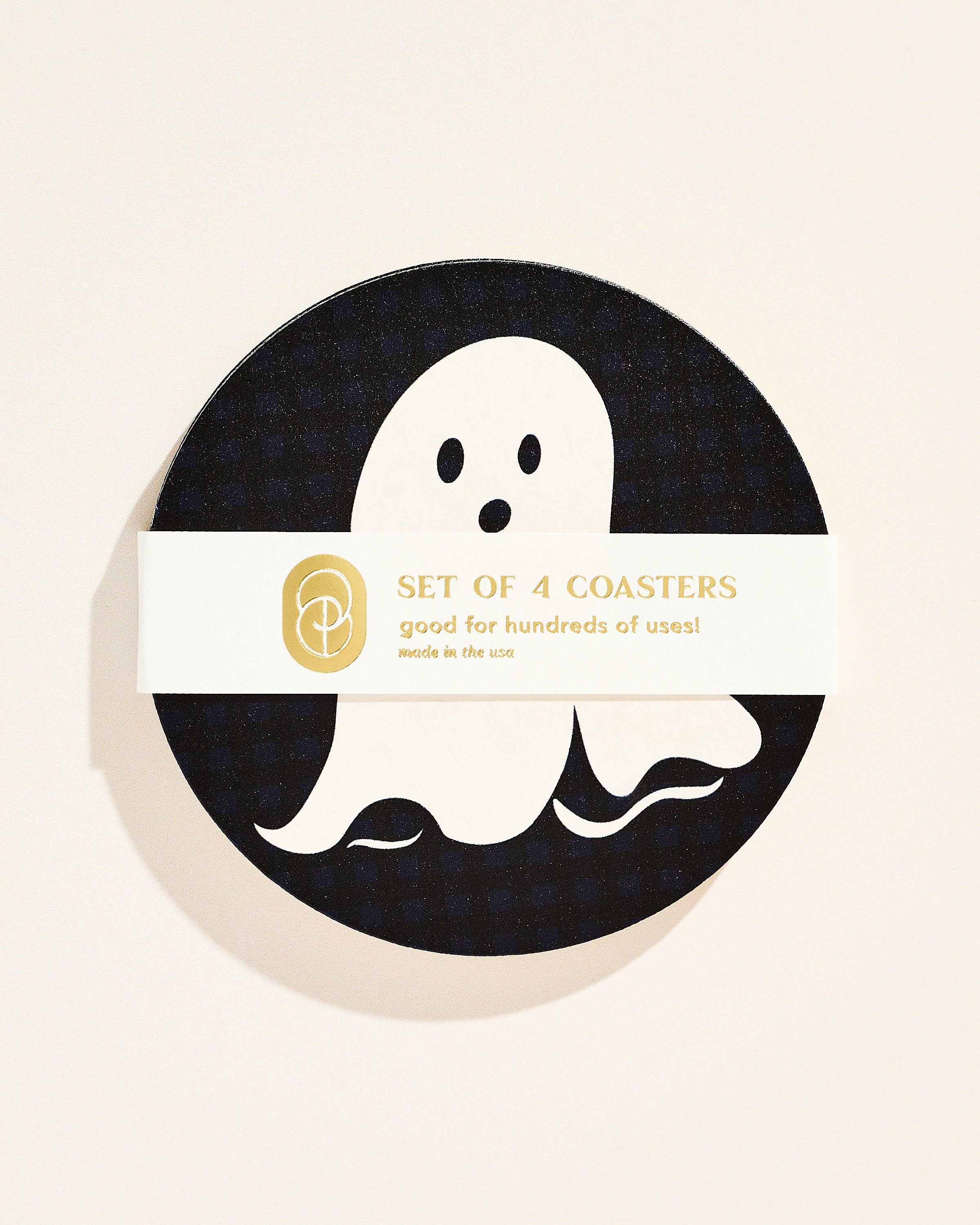 Friendly ghost illustrated Halloween coaster, set of four