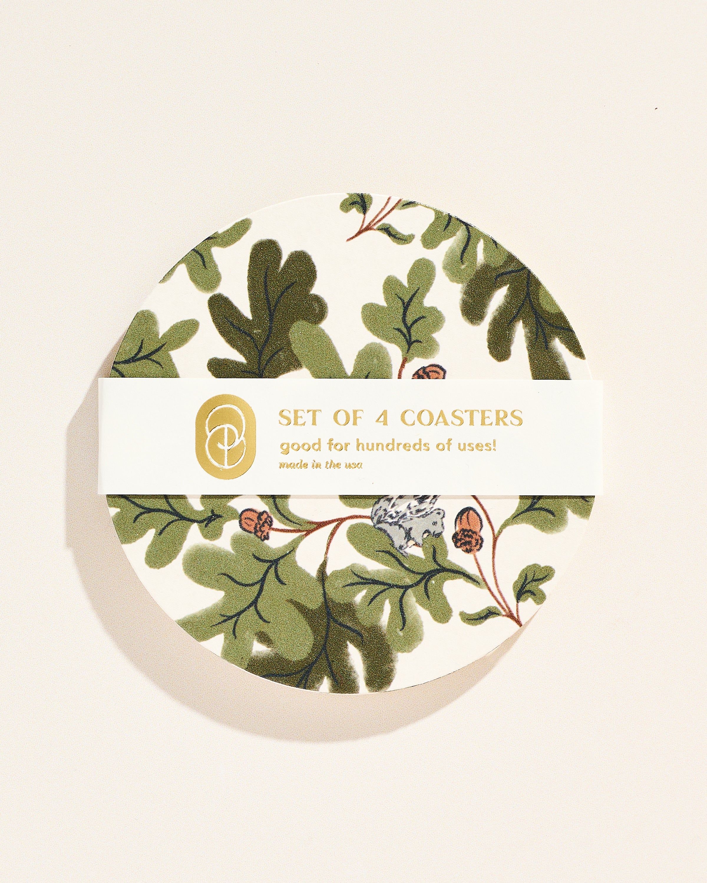 Oak leaf and acorn illustrated coaster, set of four