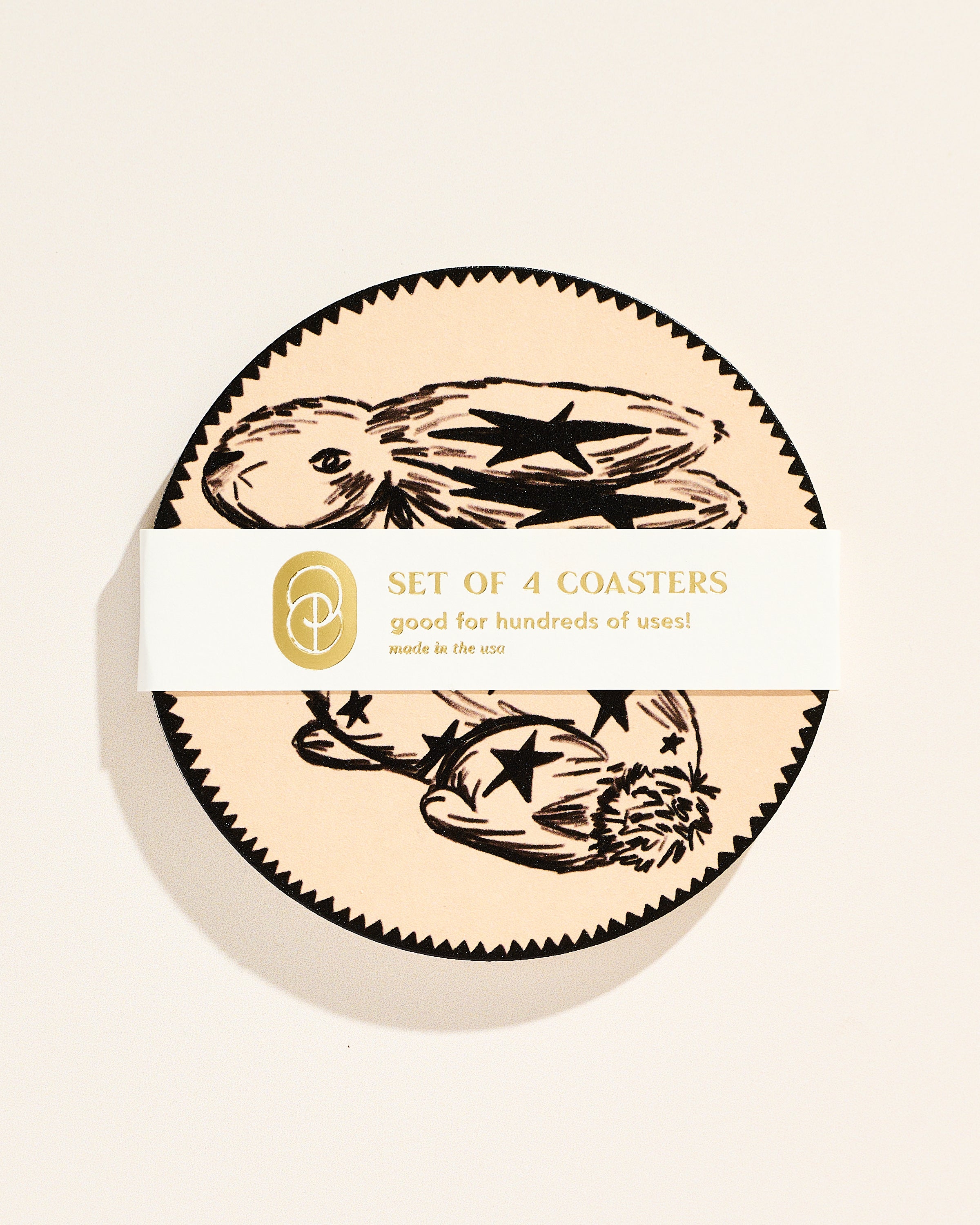 Whimsical star-adorned rabbit illustrated coaster, set of four