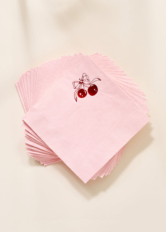 Red Cherries with Bow On Pink Napkin - Set of 20