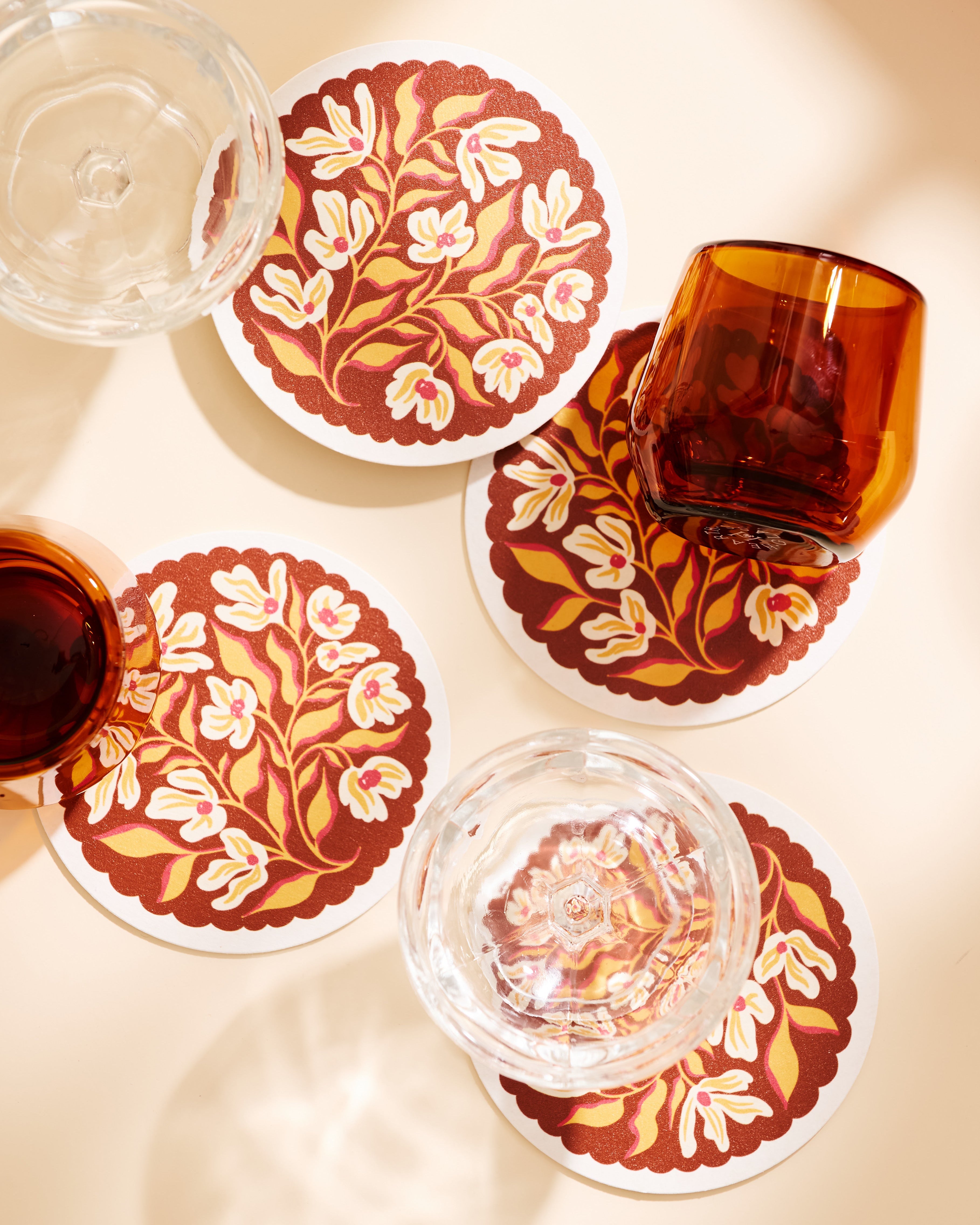 Pumpkin spice golden orange floral scalloped coaster, set of four