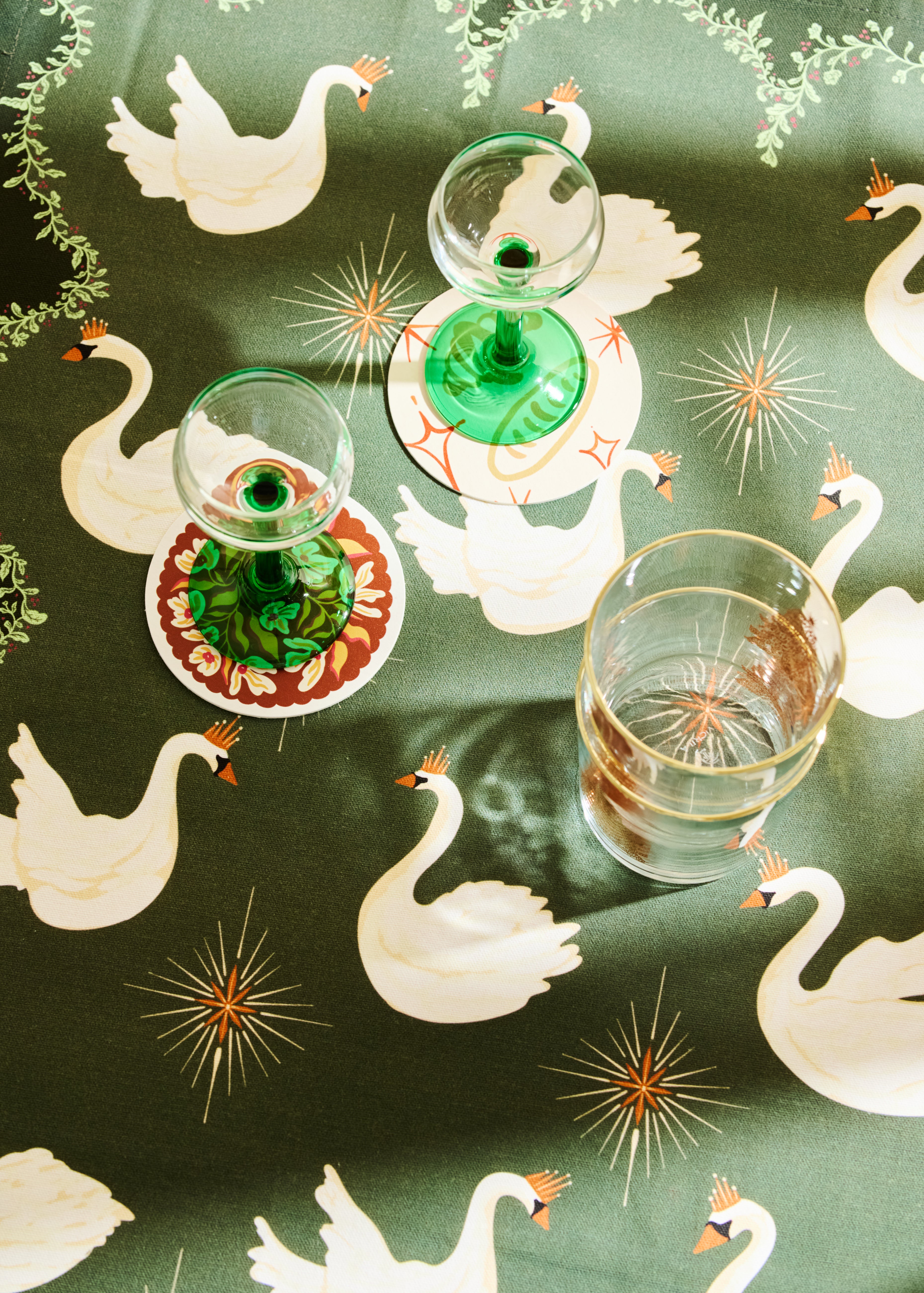 Celestial Swans Green Tea Towel