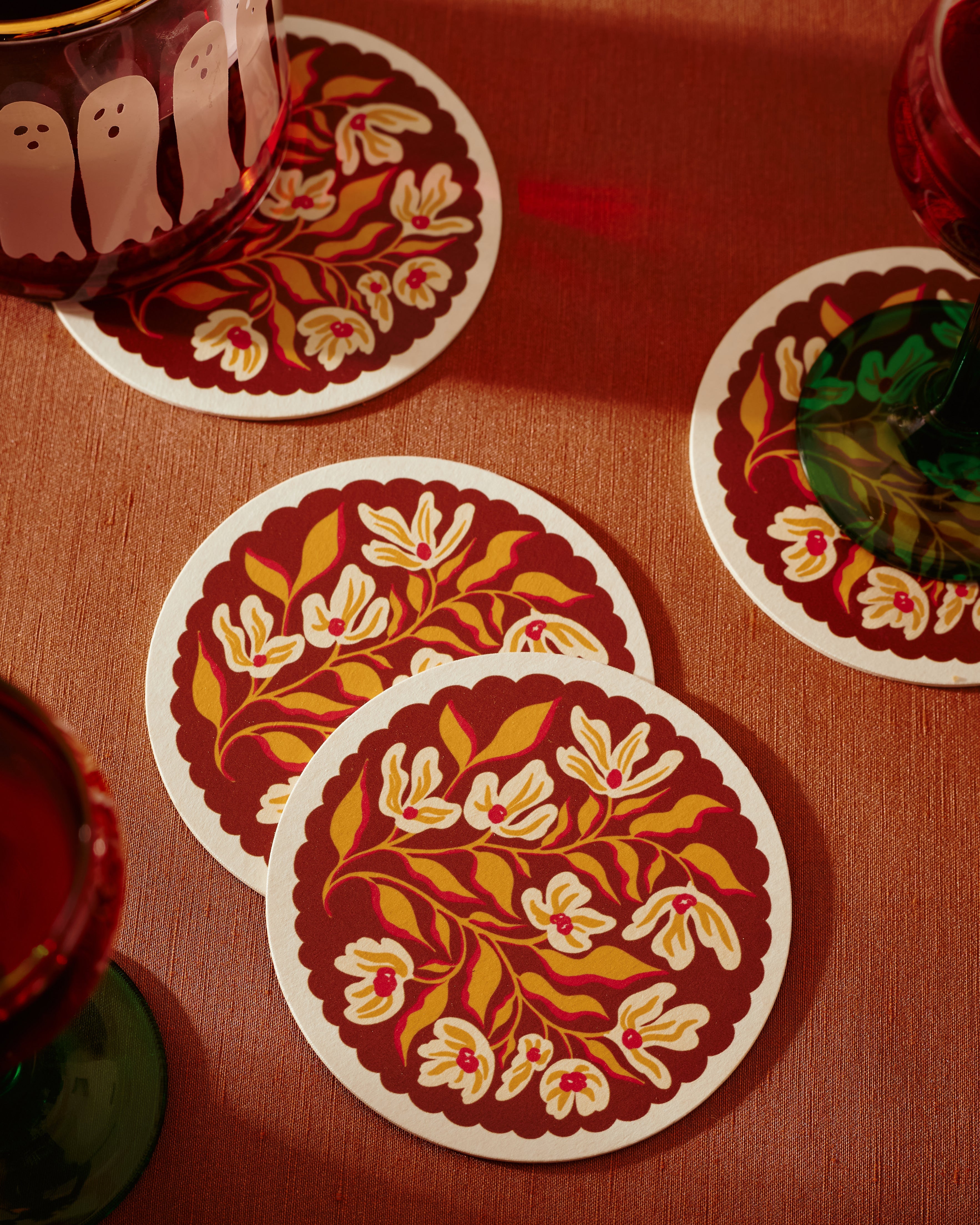 Pumpkin spice golden orange floral scalloped coaster, set of four