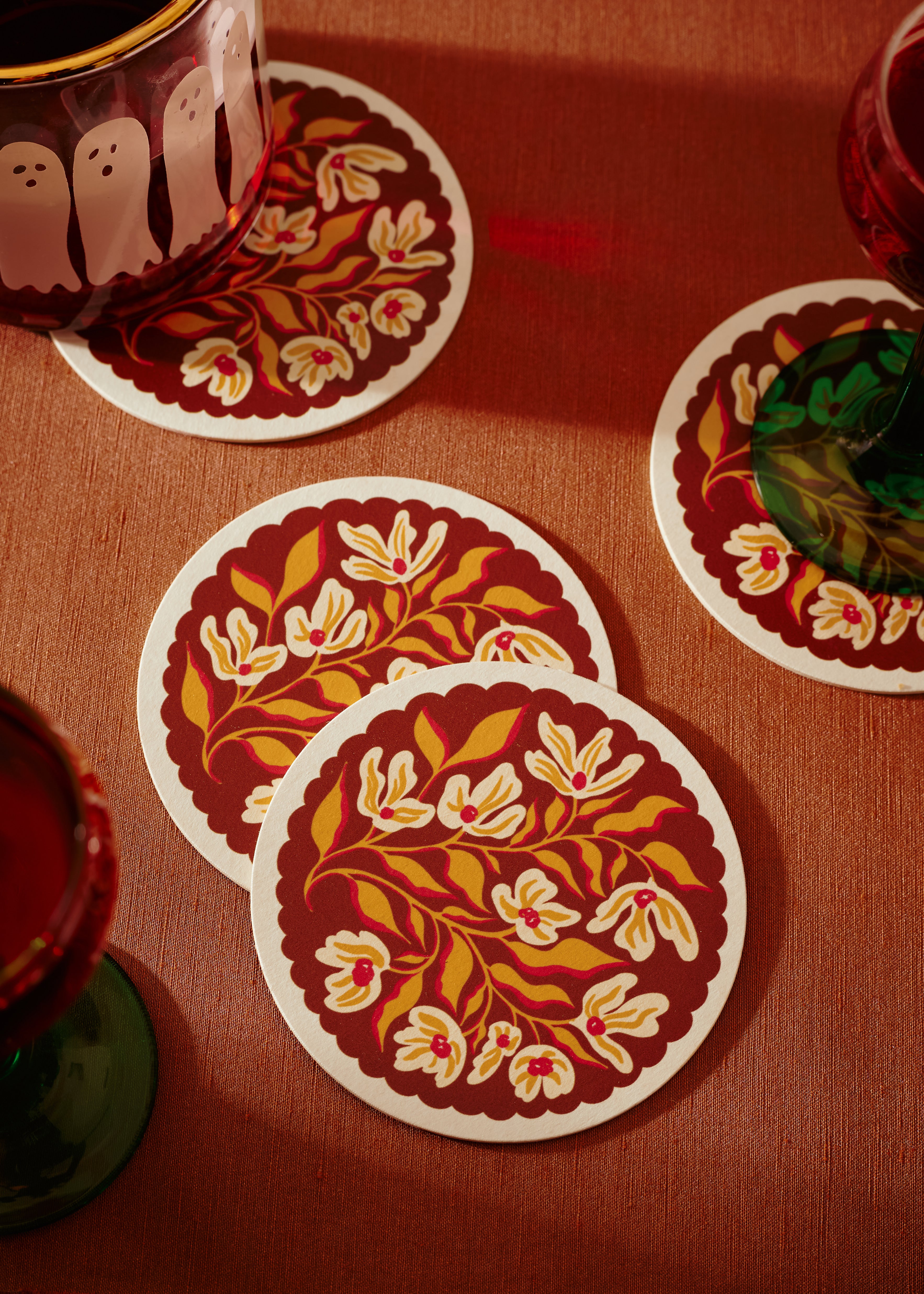Pumpkin Spice Floral Scalloped Coasters | Set of Four