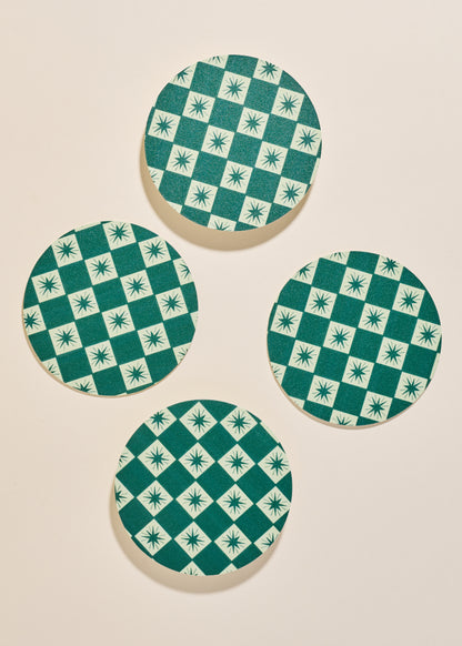 Green Checkered Star Coasters - Set of 4