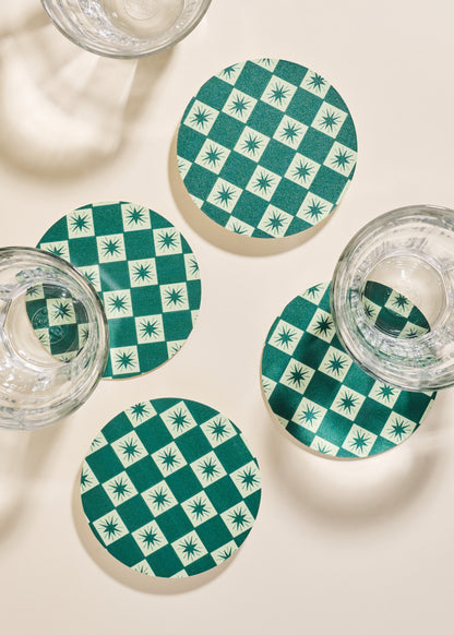 Green Checkered Star Coasters - Set of 4