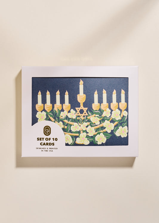 Happy Hanukkah Floral Menorah A2 Folded  Greeting Card - Set of 10