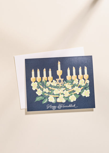 Happy Hanukkah Floral Menorah A2 Folded  Greeting Card - Set of 10