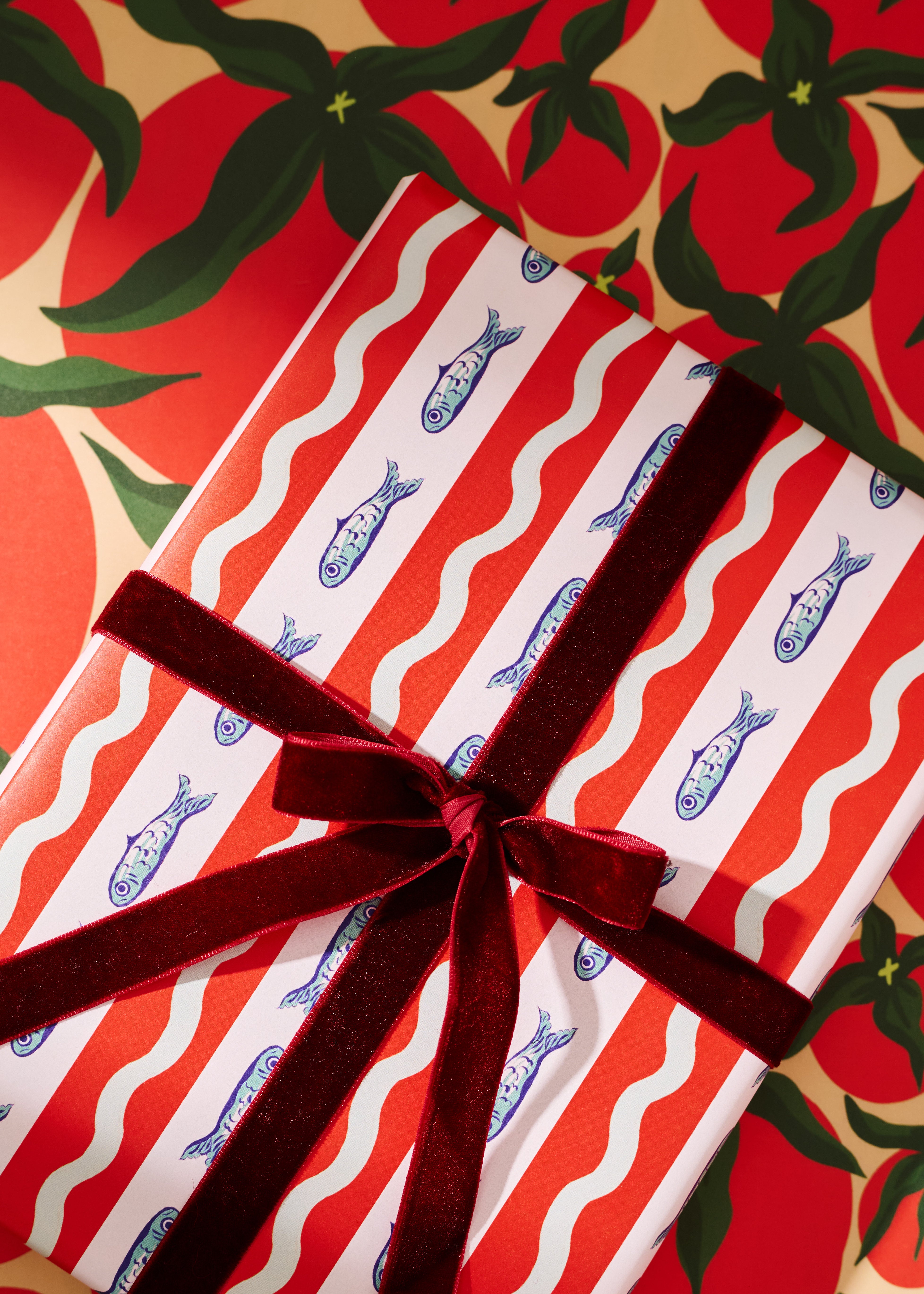 Squiggle Sardine Stripe and Tomato Double Sided Gift Wrap | Set of 3 Sheets