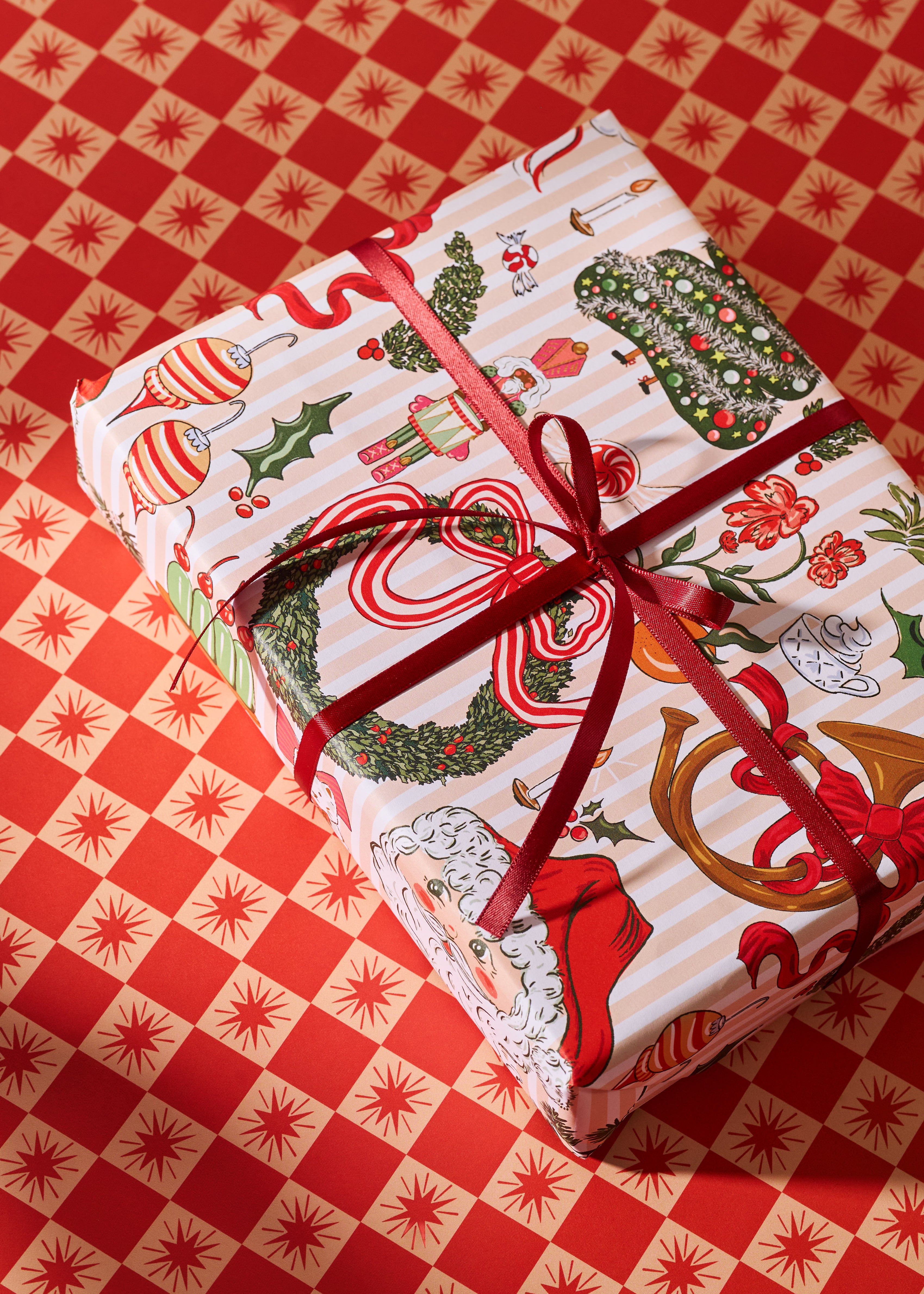 Nostalgic Christmas and Red Star Checked Double Sided Gift Wrap | Set of 3 Sheets